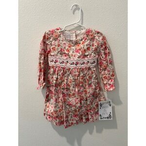Iris & Ivy Nordstrom Girls Pink Floral Smocked Long Sleeve Dress 24M NWT